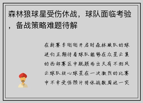 森林狼球星受伤休战，球队面临考验，备战策略难题待解