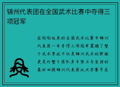 锦州代表团在全国武术比赛中夺得三项冠军